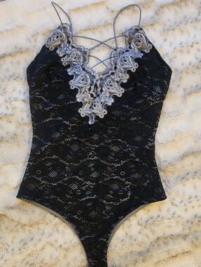 Windsor Black Lace Bodysuit with Silver Trim